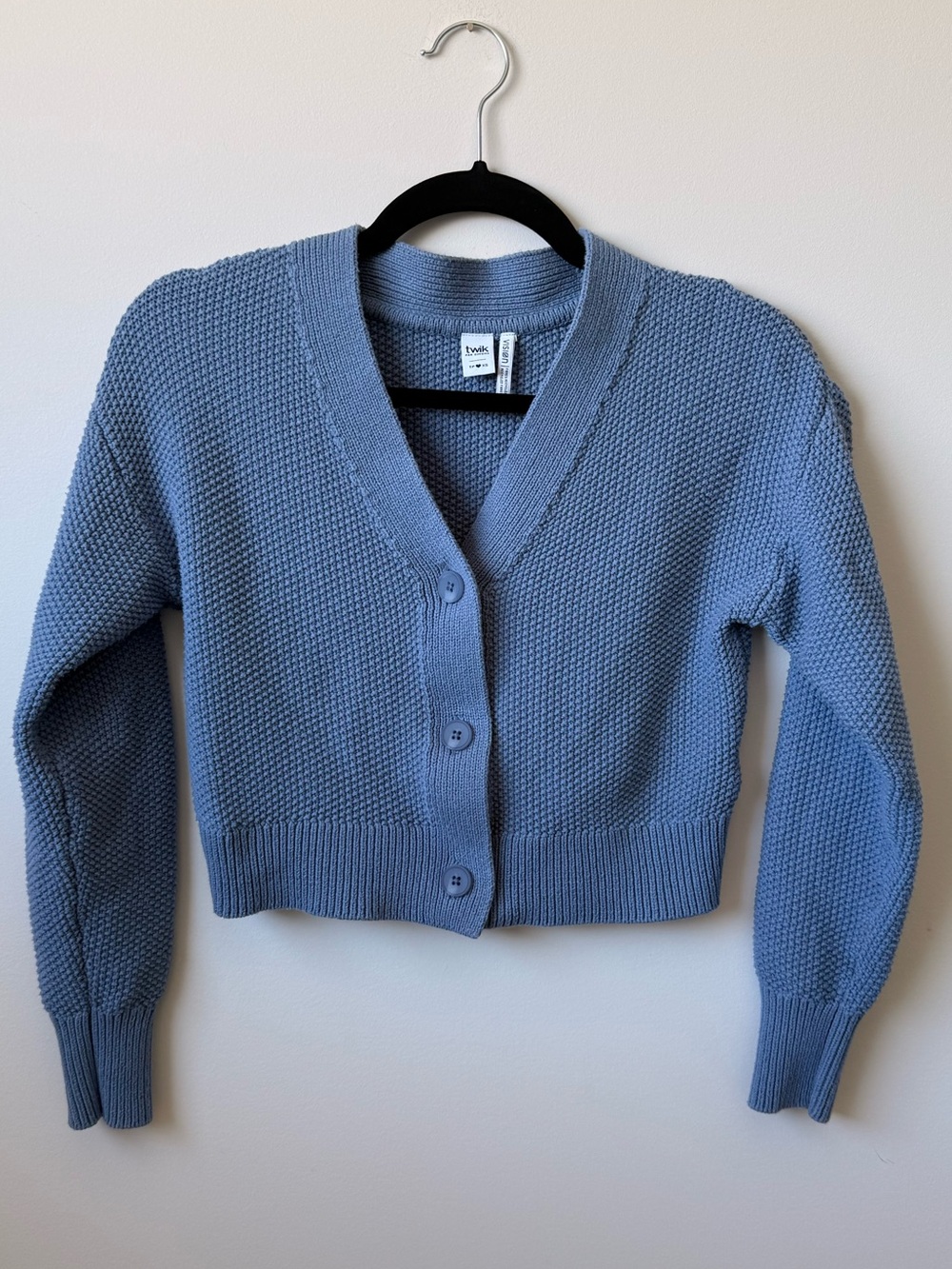 twik Cable Knit V-Neck Button Front Cropped Cardigan - Blue
